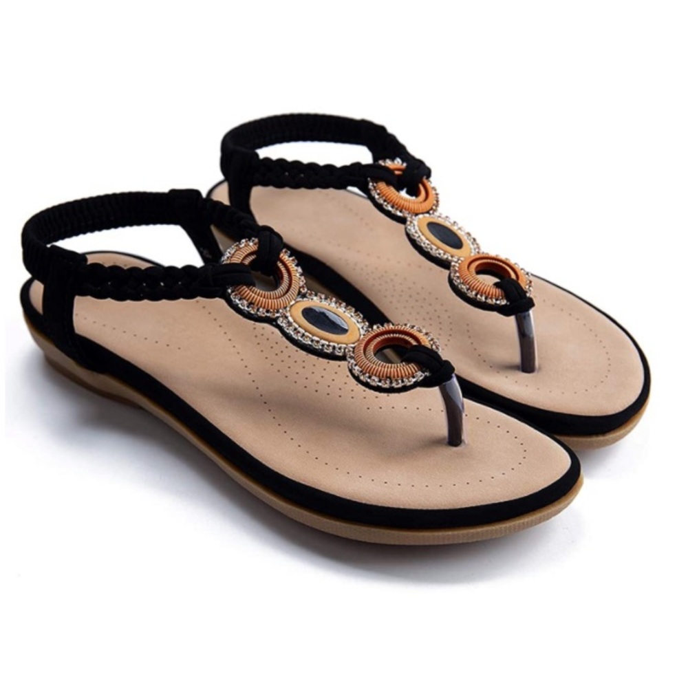 NWOT-Women’s Comfortable Elastic T-strap Flat Shoes Bohemian Beaded Beac…